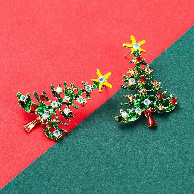 Christmas Collection Stylish Simple Versatile Alloy Enamel filled and Diamond inlaid Christmas Tree Earrings for Women