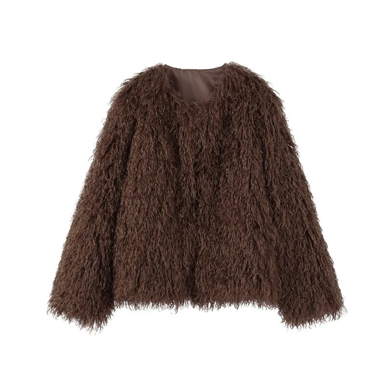 DEAT Fashion Brown Faux Fur Coat Womens Round Neck Loose Long Sleeves Thick Plush Short Jacket Winter 7A1041 250829