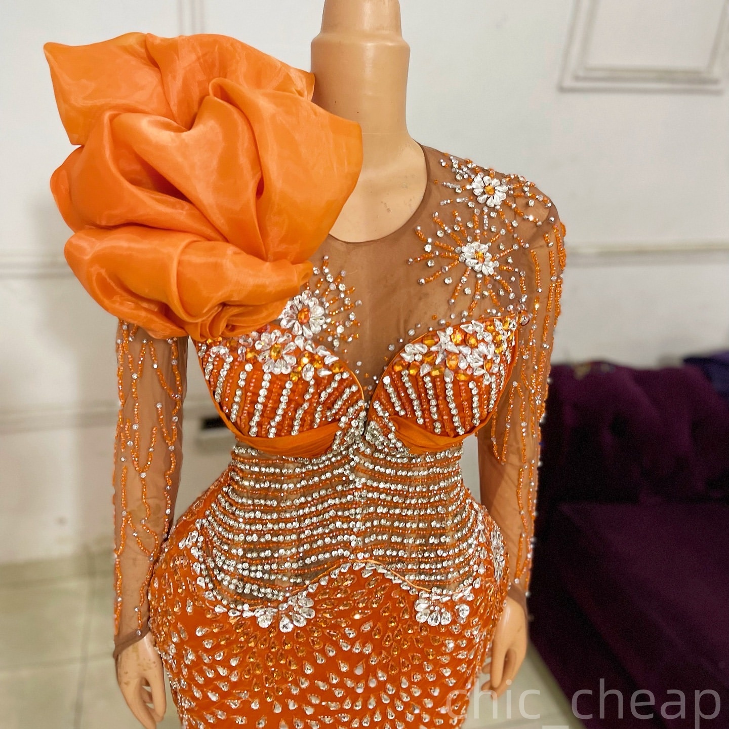Mermaid Orange Prom Dresses 2025 Luxurious Crystals Sheer Neck Evening Formal Party Second Birthday Engagement Gowns Plus Size Dress For Special Occas