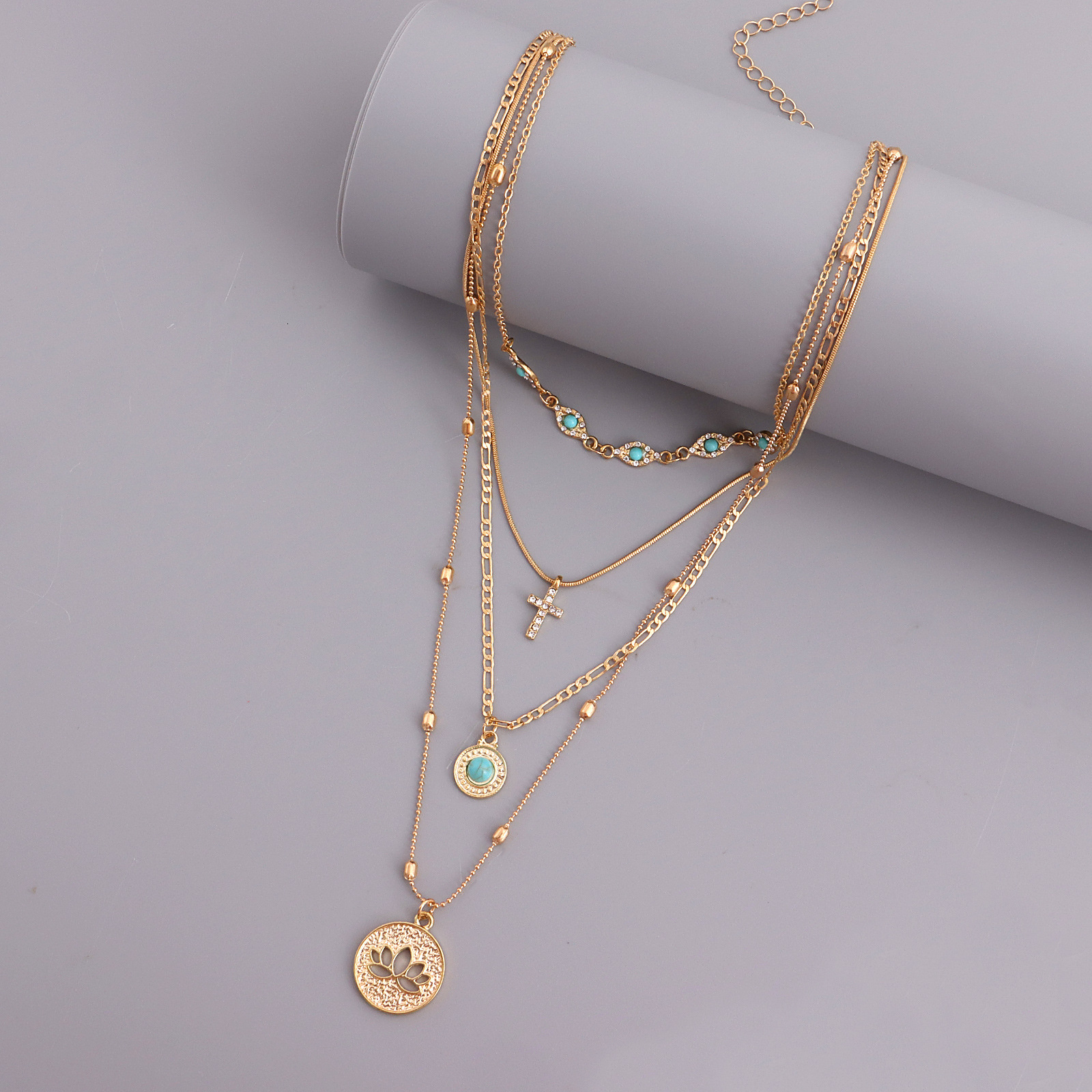 Jewelry Fashion Multi-layer Small Hole Chain Hollow Flower Inlaid Dia Cross Pendant Necklace for Women - view 5