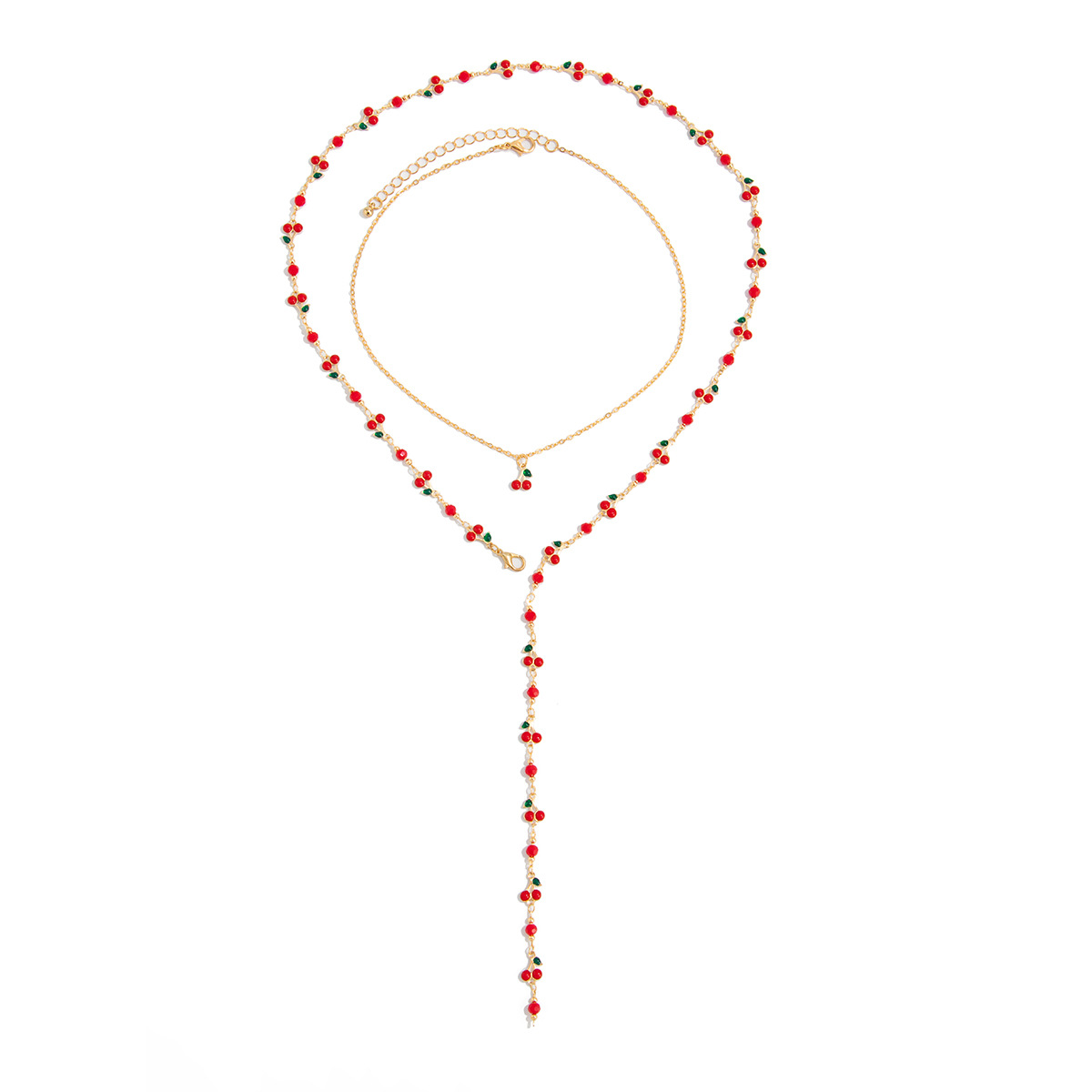 European American Jewelry Summer inspired Sweet Cherry Y shaped Pendant Necklace Elegant Minimalist Crystal Collarbone Chain for Women