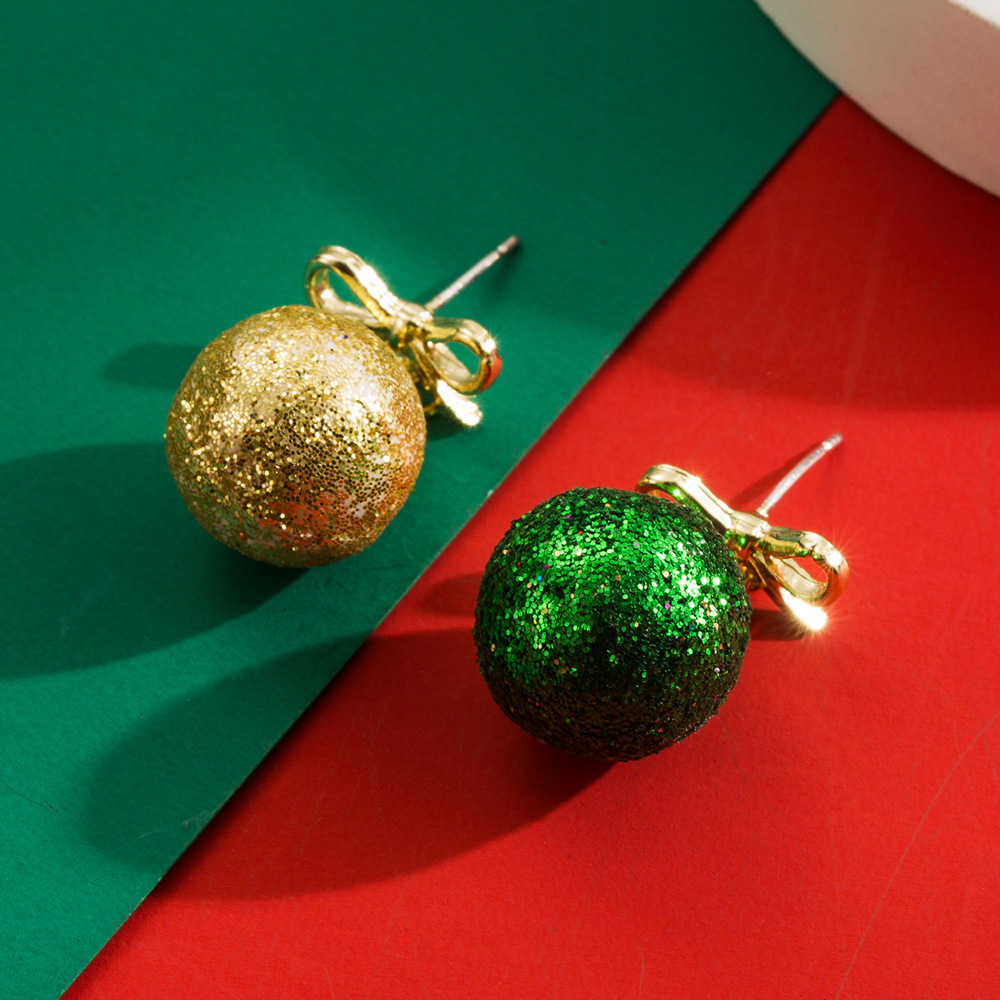European American Christmas themed Glittering Ball Stud Earrings Hollow out Asymmetric Bow shaped Drop Earrings Stylish Alloy Earrings with Silver Nee