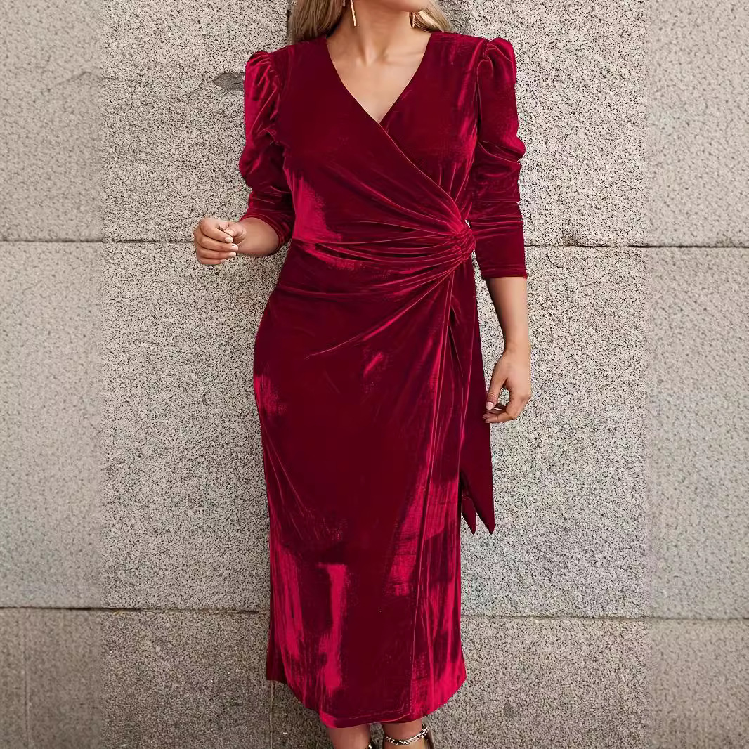 G827Autumn and winter foreign trade hot style v-neck temperament elegant casual fashion solid color long sleeve dress for women