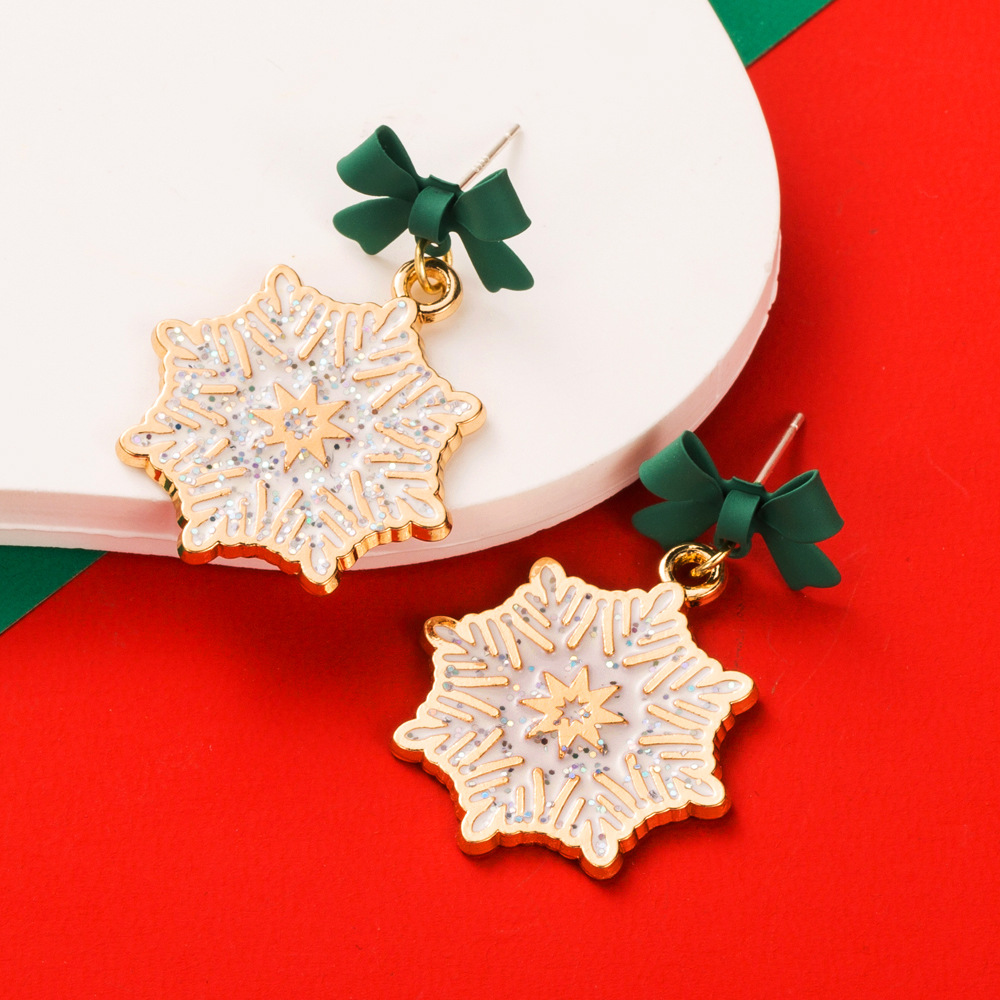 New Christmas themed Earrings Alloy S925 Silver Needle Bow shaped Earrings with Enamel filled and Diamond inlaid Snowflake Droplets Best selling