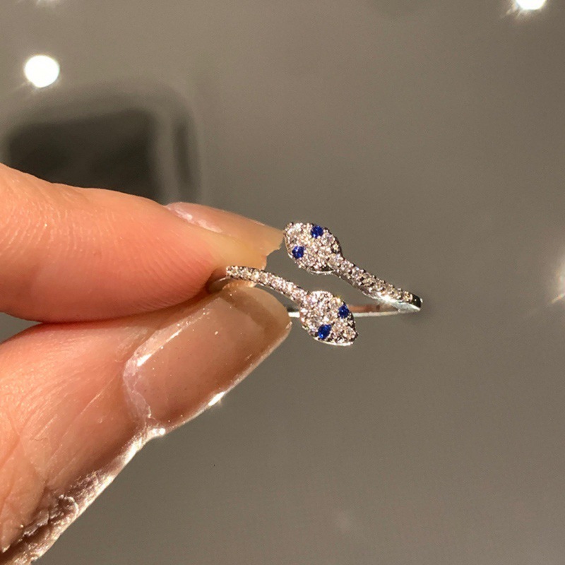 Jewelry Full Diamond Blue Eyes 925 Sterling Silver Snake Shape Open Index Finger Ring Adjustable Light Luxury Style High-End Designer