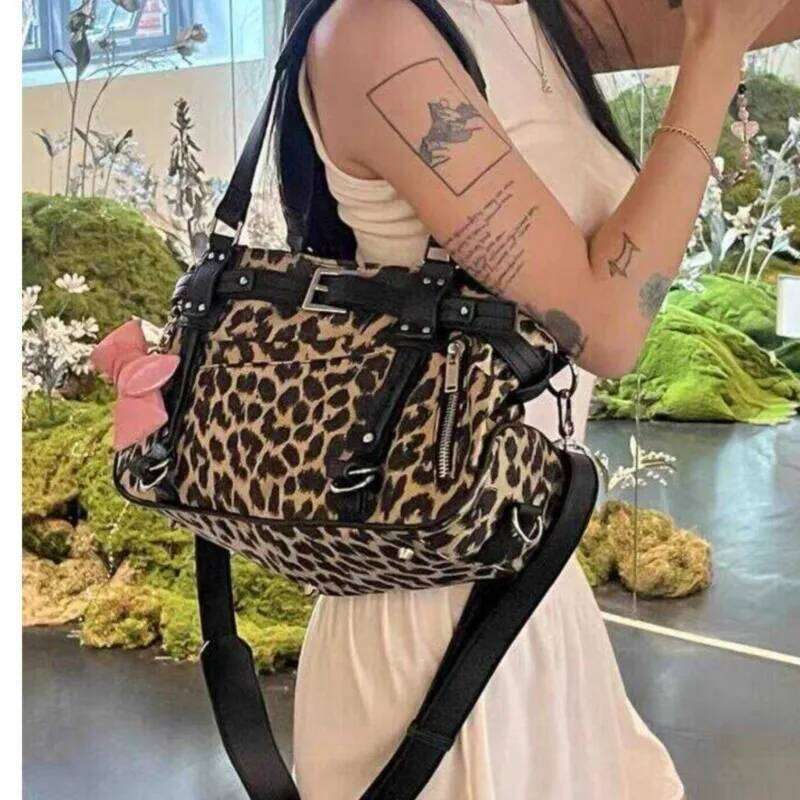 JIAERDI Haruku Leopard Print Y2k Shoulder Bags Women Hot Girls Nylon Cute Handbag Ladies Vintage Tote Underarm Bag Aesthetic