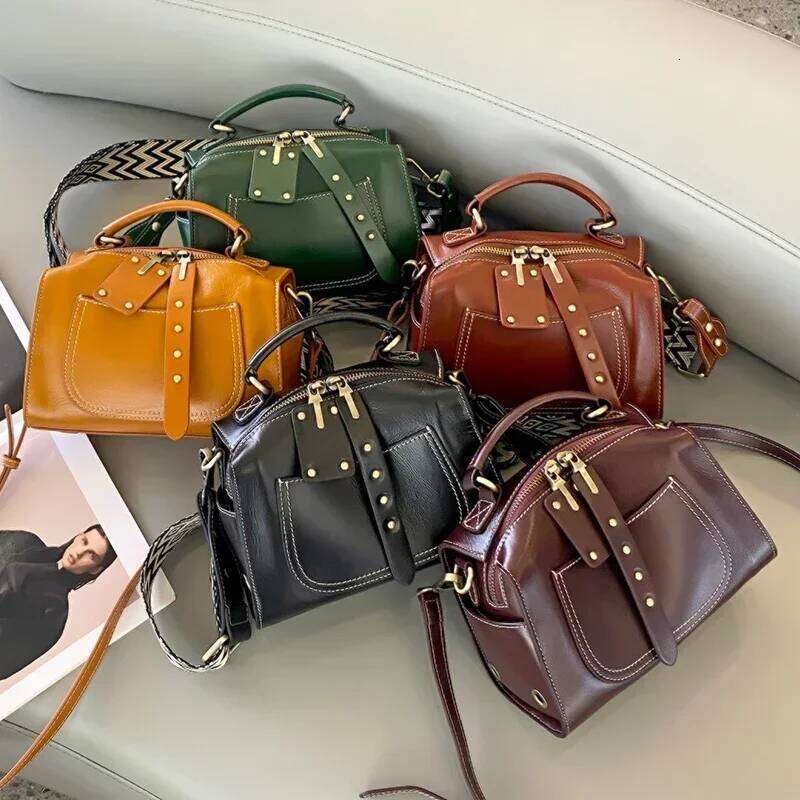 Women's Natural Cow Real Leather Crossbody Bag Ladies Cowhide Retro Designer Shoulder Handbag Female Commut Boston Bags