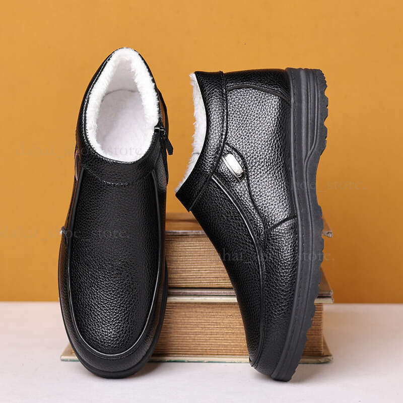 2025 Winter New Men's Velvet Warm Leather Shoes Thick Bottom Snow Boots Men's Zipper High Top Middle Aged Cotton Shoes