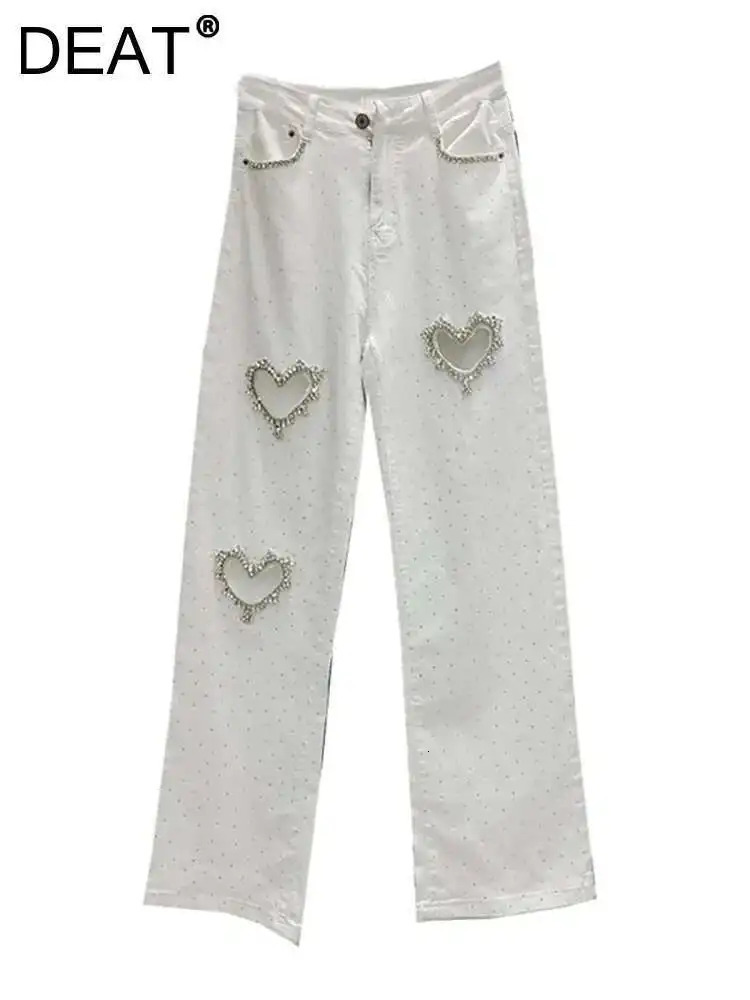 DEAT Womens Jeans High Waist Straight Heart Hollow Out Solid Color Full Diamonds Denim Pants Summer Fashion 29L7772 250829
