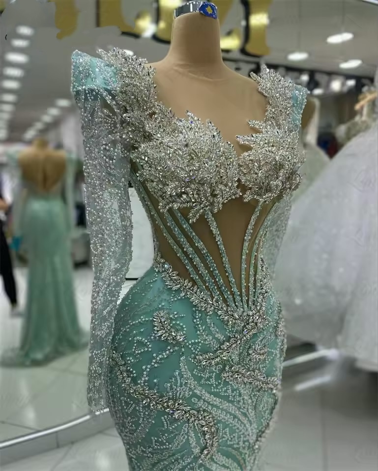 Sage Mermaid Prom Dresses 2025 Crystals Sequined Full Sleeves Sparkly Evening Formal Party Second Birthday Engagement Gowns Plus Size Dress For Specia