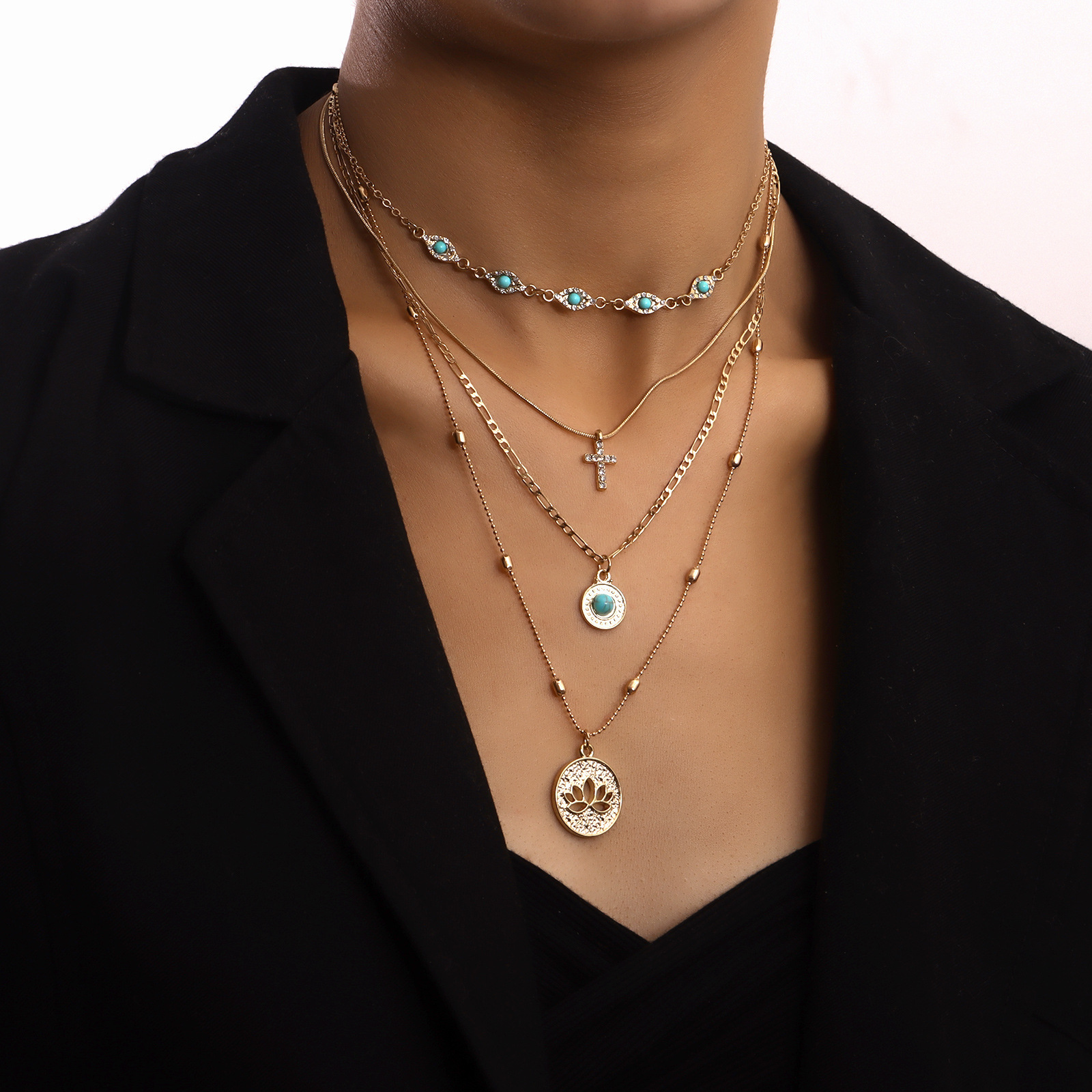 Jewelry Fashion Multi-layer Small Hole Chain Hollow Flower Inlaid Dia Cross Pendant Necklace for Women - view 4