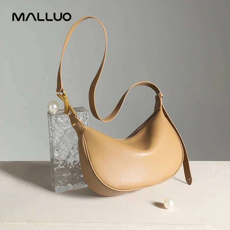 Cowhide Genuine Leather Bag Women's Hobos Sac Soft Shoulder Messenger Bags For Women Wide Female Half Moon Purse And Handbags