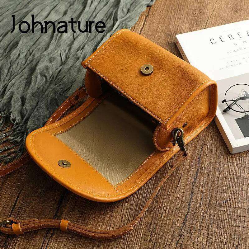 Johnature Genuine Leather Retro Small Bag Women 2025 New Soft Real Cowhide Simple Solid Color Shoulder & Crossbody Bags