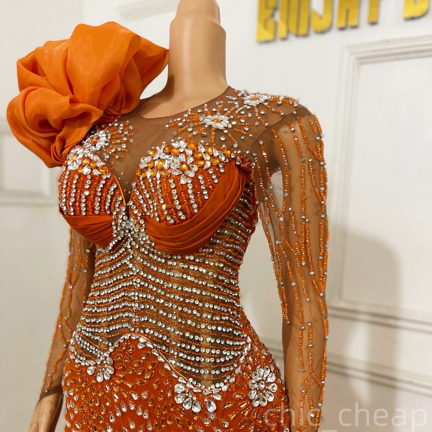 Mermaid Orange Prom Dresses 2025 Luxurious Crystals Sheer Neck Evening Formal Party Second Birthday Engagement Gowns Plus Size Dress For Special Occas
