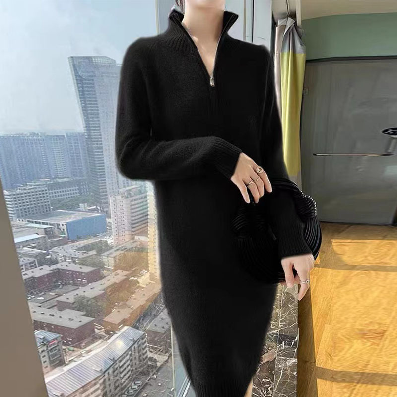 (228) New Autumn and Winter Thickened Lapel Knitted Dress Zipper Solid Color Mid-length Skirt