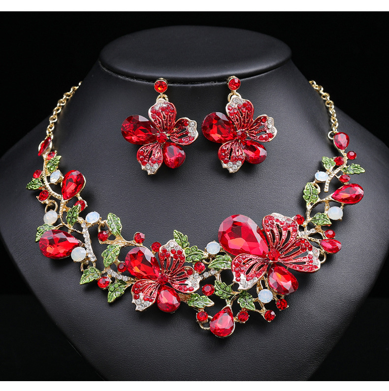 Luxury Brand Designer Jewelry European And American Foreign Trade Hot-Selling Exaggerated Luxury Necklace And Earrings Two-Piece Set Colorful Flowers 