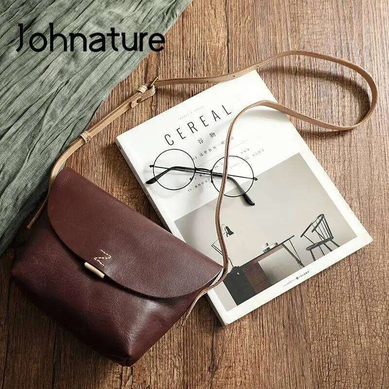 Johnature Simple Natural Soft Cowhide Women Bag 2025 New Vintage Genuine Leather Handmade Solid Color Shoulder & Crossbody Bags