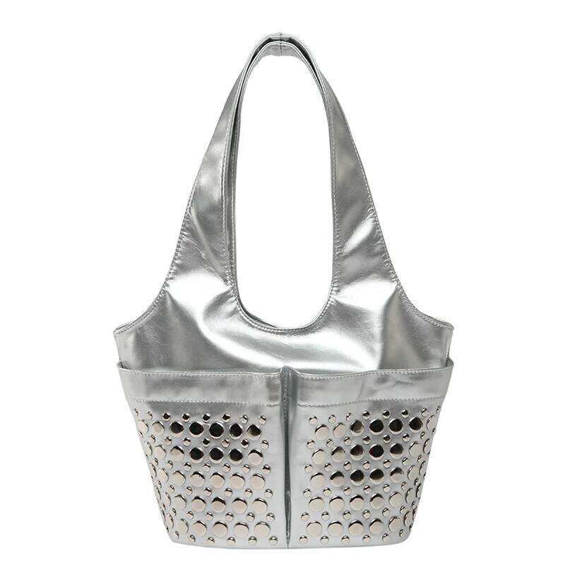 Fashion Women's Punk Style PU Leather Underarm Large Capacity Rivet Studded Handbag Ladies Solid Tote Motorcycle Bag