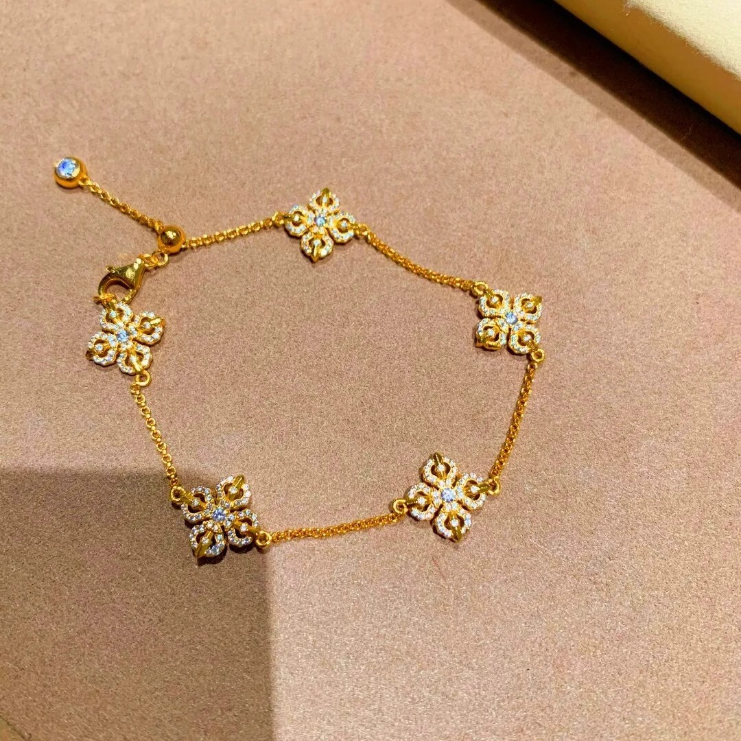 2025 Gold Cross Zircon Dia Chain Five Flower Bracelet for Women Niche Design New Chinese Style Bangle Jewelry