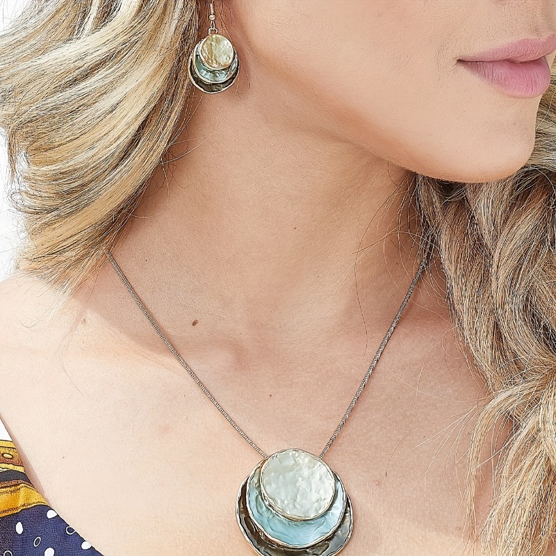 Bohemian three-layer round zinc alloy enamel jewelry set cute and elegant lady girlfriend holiday party gift necklace earrings 1 set