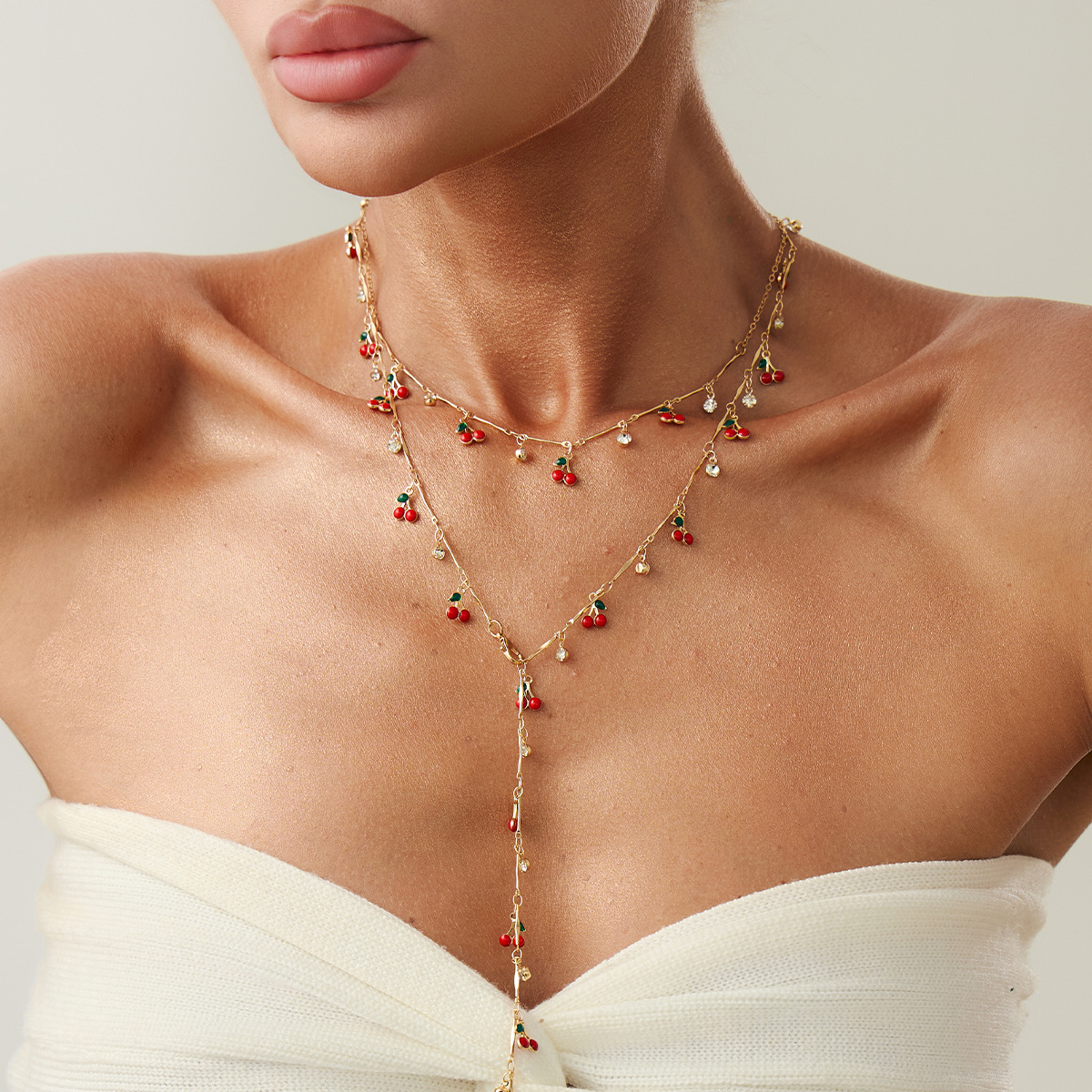 European American Jewelry Summer inspired Sweet Cherry Y shaped Pendant Necklace Elegant Minimalist Crystal Collarbone Chain for Women