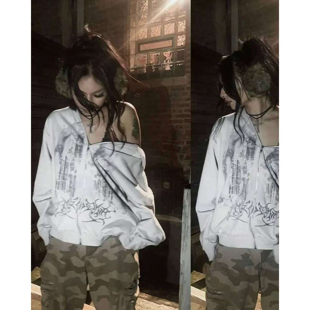 Vintage Spring Autumn Aesthetic Print Gothic Fashion Zip Up Hoodie Hip Hop Sweatshirt Casual Y2k Tops Women Man Kpop Clothes