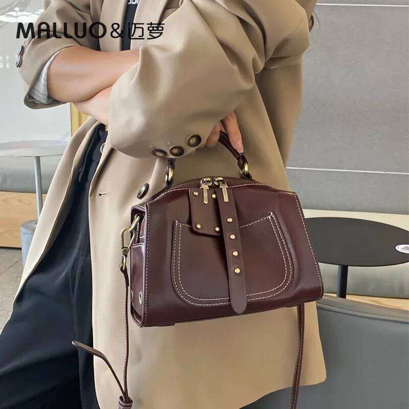 Women's Natural Cow Real Leather Crossbody Bag Ladies Cowhide Retro Designer Shoulder Handbag Female Commut Boston Bags