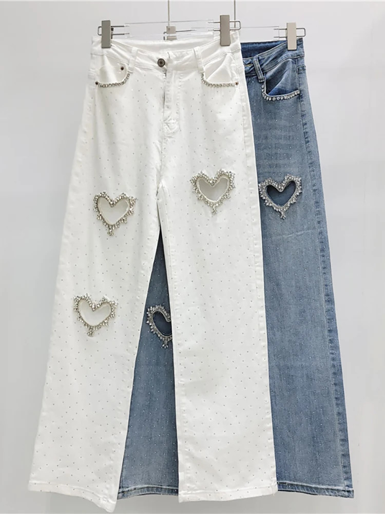 DEAT Womens Jeans High Waist Straight Heart Hollow Out Solid Color Full Diamonds Denim Pants Summer Fashion 29L7772 250829