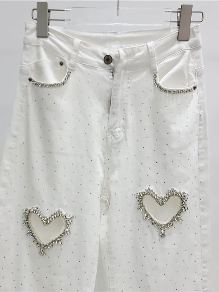 DEAT Womens Jeans High Waist Straight Heart Hollow Out Solid Color Full Diamonds Denim Pants Summer Fashion 29L7772 250829