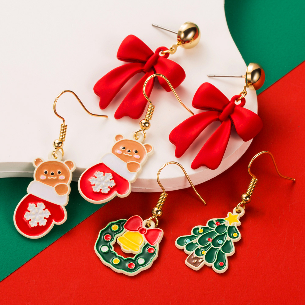 Christmas themed Unique Earrings for Women Simple Bell Bow inspired Asymmetric Earhooks with Enamel filled Alloy Design
