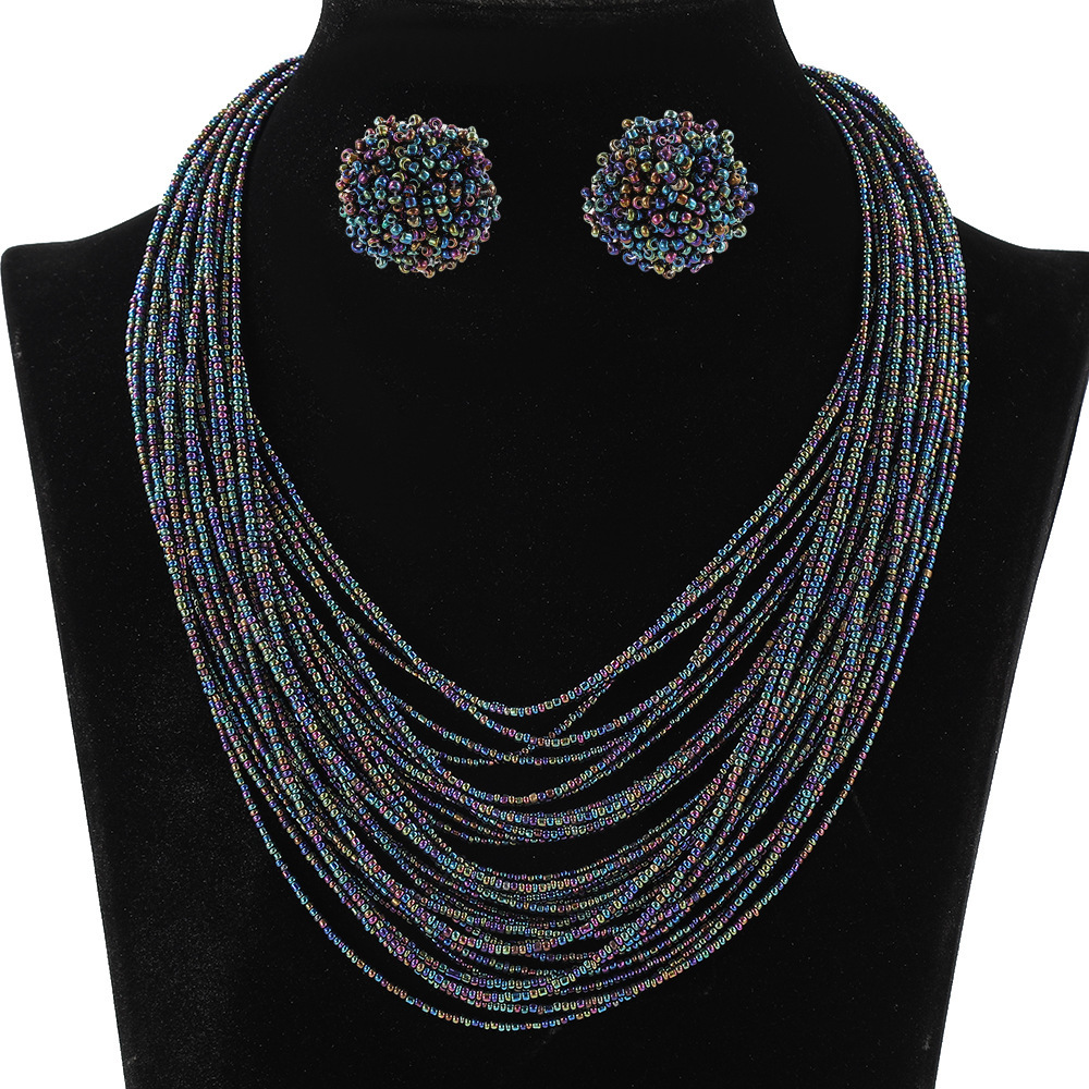 Luxury Brand Designer Jewelry Bohemian Multi-Layer Rice Bead Necklace And Earrings Set Vintage Ethnic Style Chain Women's Multi-Layer Jewelry