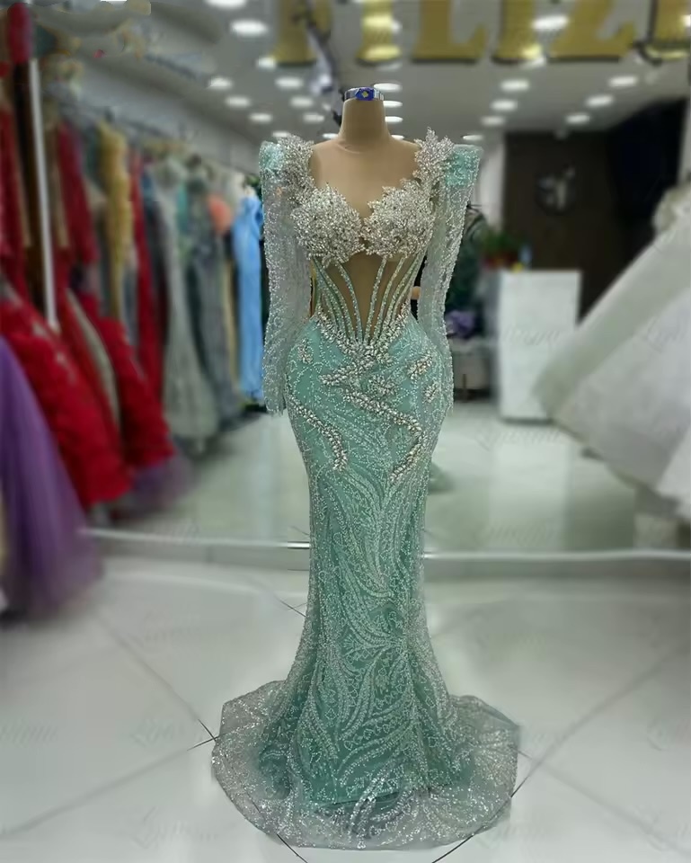Sage Mermaid Prom Dresses 2025 Crystals Sequined Full Sleeves Sparkly Evening Formal Party Second Birthday Engagement Gowns Plus Size Dress For Specia