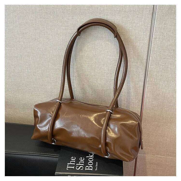 Brand Designer Oil PU Leather Women's Shoulder Retro Crossbody Bag Large Pillow Bowling Handbag