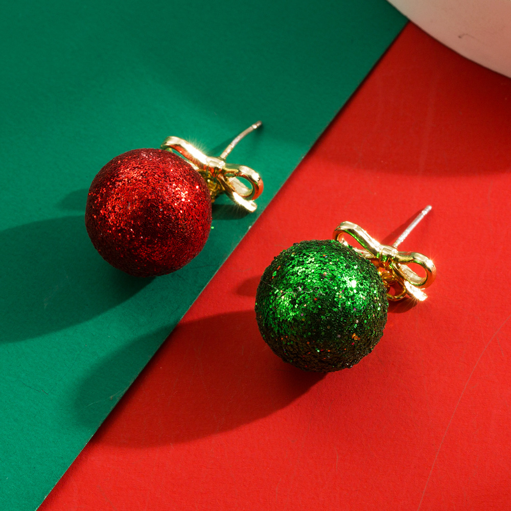 European American Christmas themed Glittering Ball Stud Earrings Hollow out Asymmetric Bow shaped Drop Earrings Stylish Alloy Earrings with Silver Nee