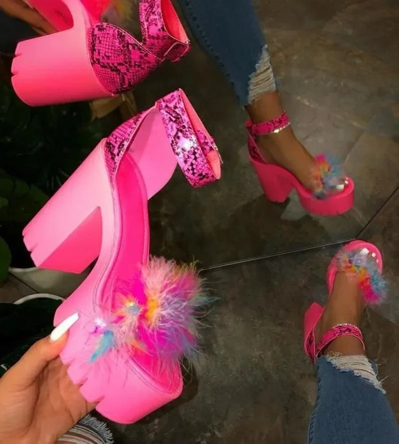 2024 Sexy Platform Sandals for Womens Summer Peep Toe Plush Decoration Thick High Heels Shoes Modern Sandalias 250820
