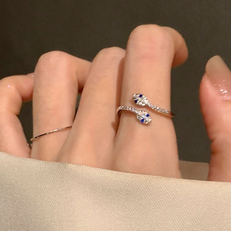 Jewelry Full Diamond Blue Eyes 925 Sterling Silver Snake Shape Open Index Finger Ring Adjustable Light Luxury Style High-End Designer