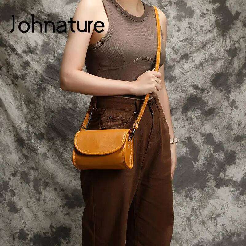 Johnature Genuine Leather Retro Small Bag Women 2025 New Soft Real Cowhide Simple Solid Color Shoulder & Crossbody Bags