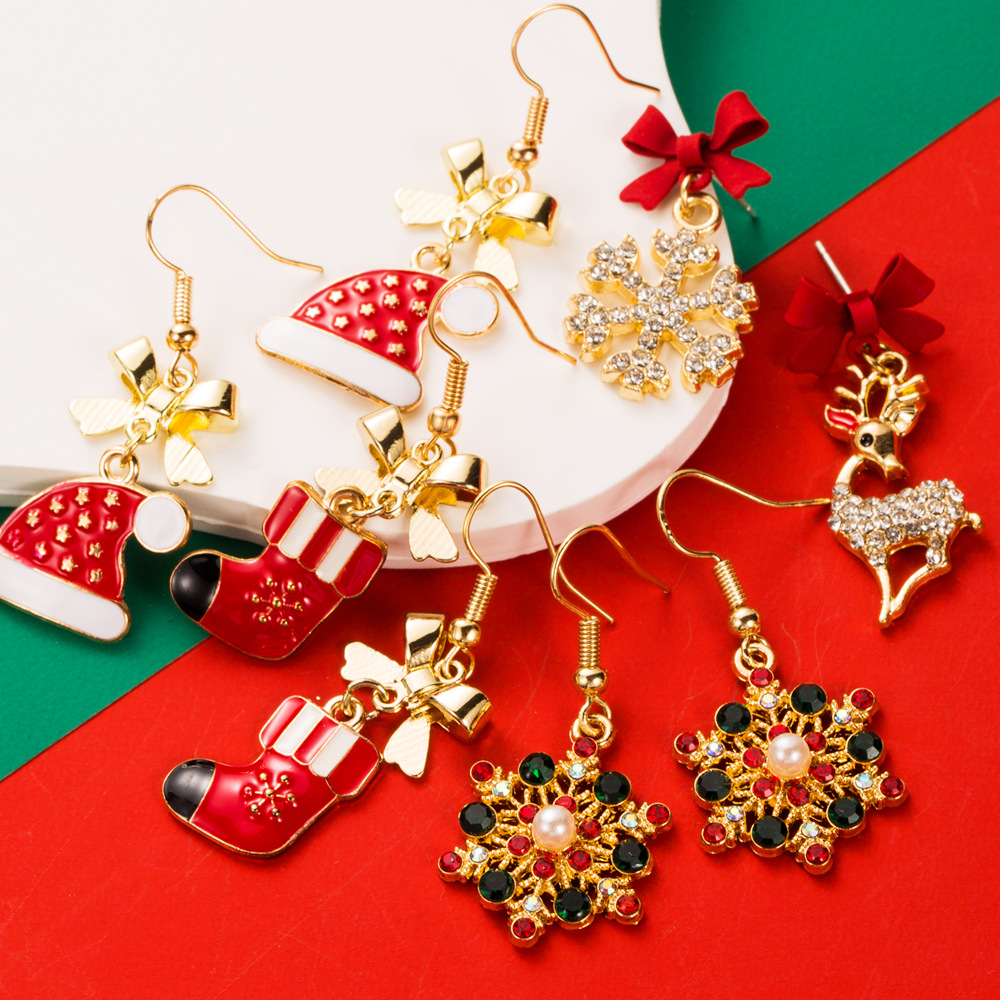 2025 New Christmas Collection Unique Elks Snowflakes Christmas Stocking themed Drop Earrings with Hooks Alloy Enamel filled Diamond inlaid