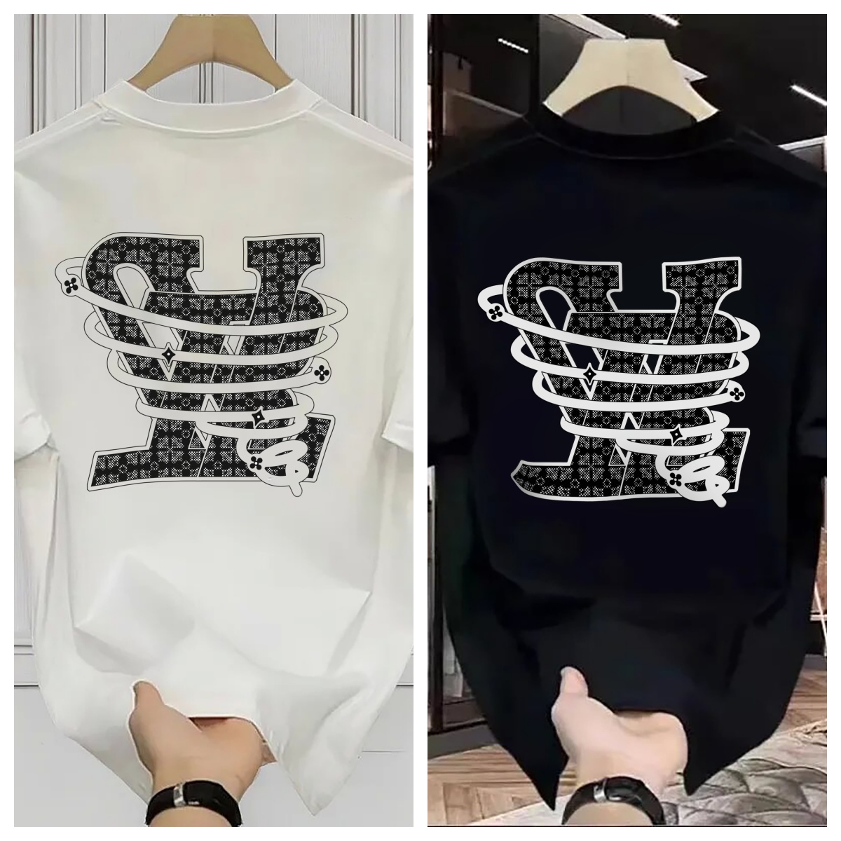 Luxurious Men's T-shirts With Round Necks Black And White Printed Designs High-quality Cotton Couple Style Loose Short-sleeved For both Men And W