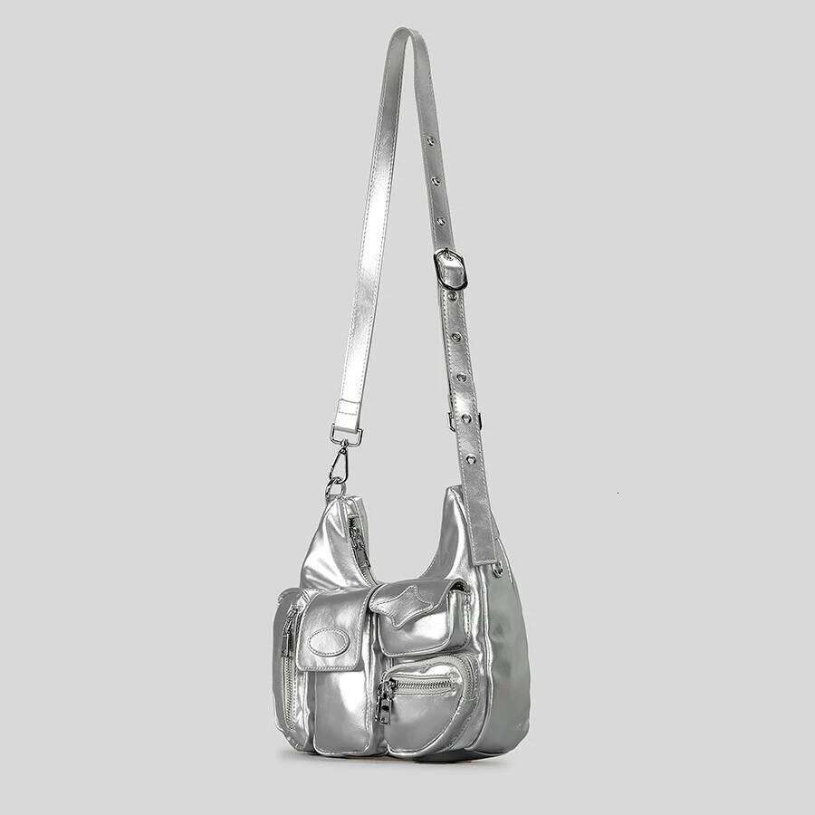 Fashion Sier Multiple Pockets Crossbody Bag For Women Pu Leather Hobos Shoulder Bags Y2k Small Messenger Purses 2024
