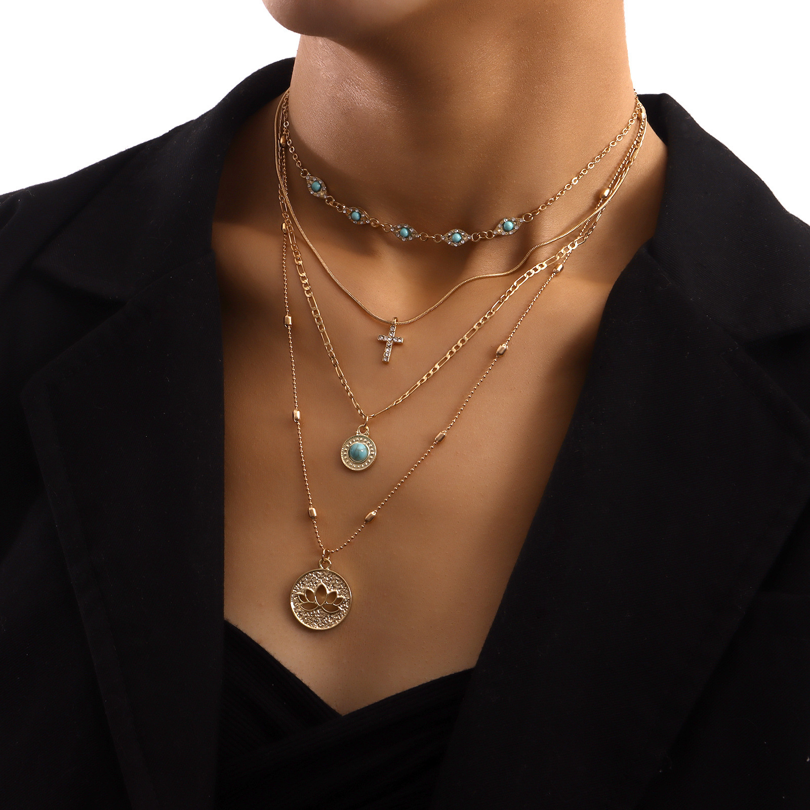 Jewelry Fashion Multi-layer Small Hole Chain Hollow Flower Inlaid Dia Cross Pendant Necklace for Women - view 3