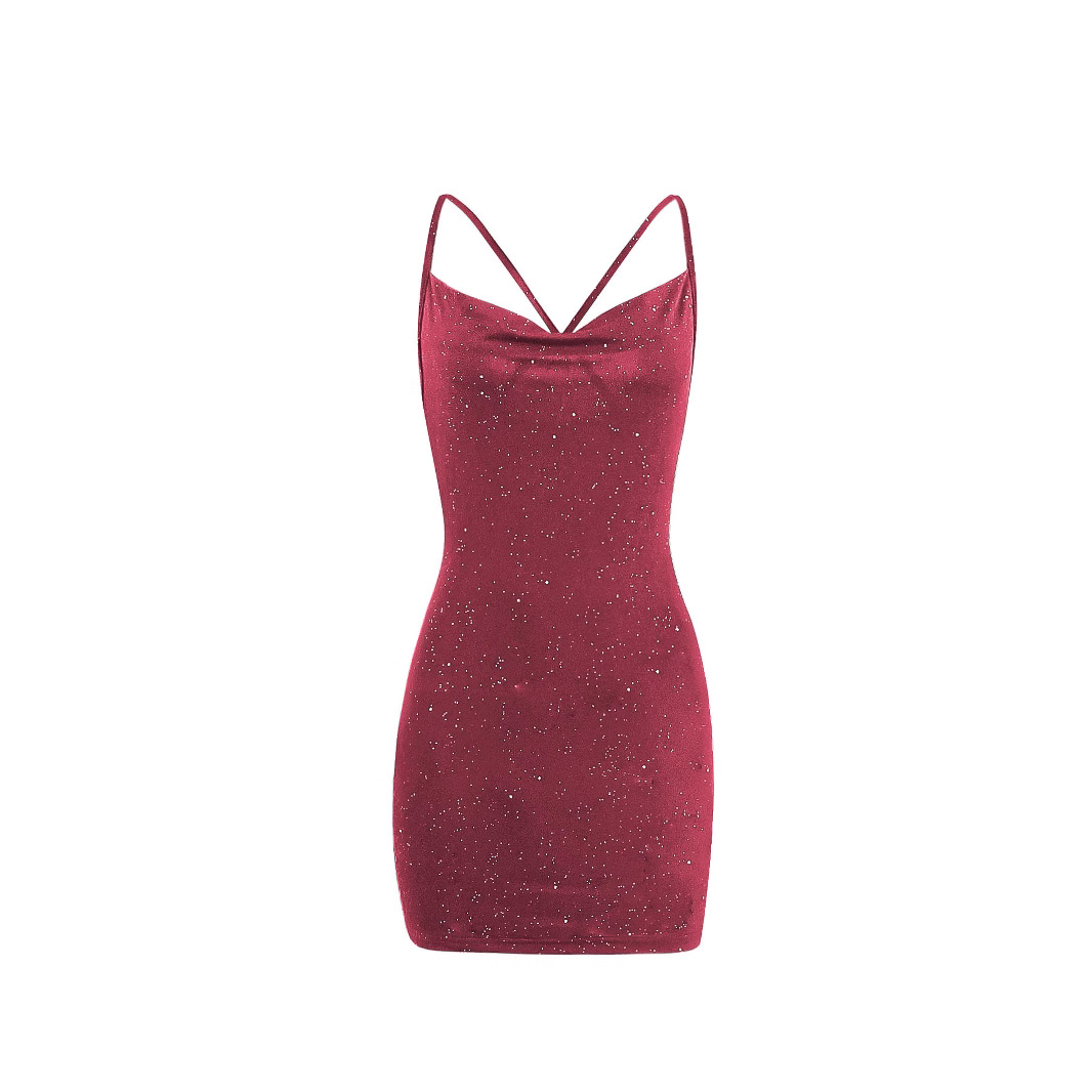 L827Foreign trade women's clothing new solid color V-neck hot stamping sexy temperament slim cross shoulder dress