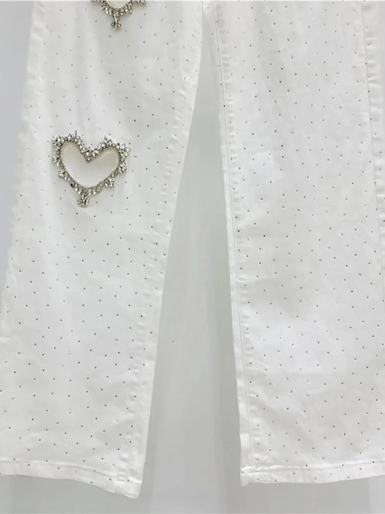 DEAT Womens Jeans High Waist Straight Heart Hollow Out Solid Color Full Diamonds Denim Pants Summer Fashion 29L7772 250829