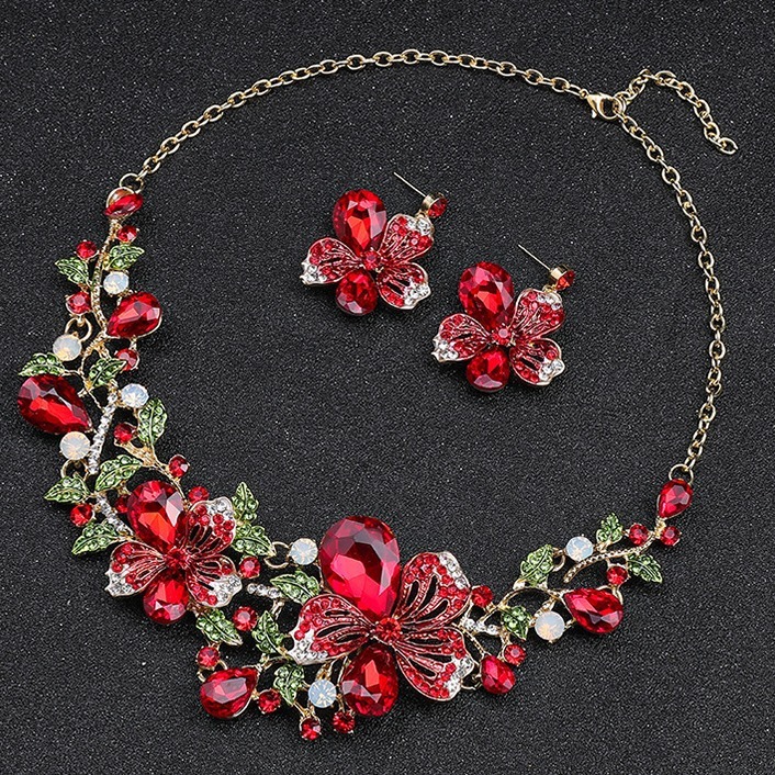 Luxury Brand Designer Jewelry European And American Foreign Trade Hot-Selling Exaggerated Luxury Necklace And Earrings Two-Piece Set Colorful Flowers 