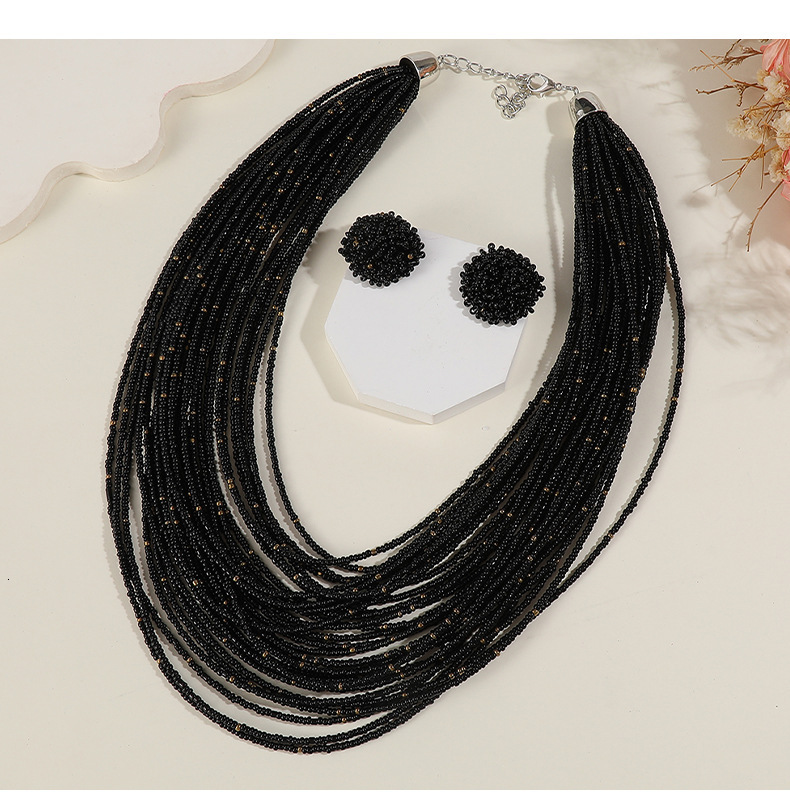 Luxury Brand Designer Jewelry Bohemian Multi-Layer Rice Bead Necklace And Earrings Set Vintage Ethnic Style Chain Women's Multi-Layer Jewelry