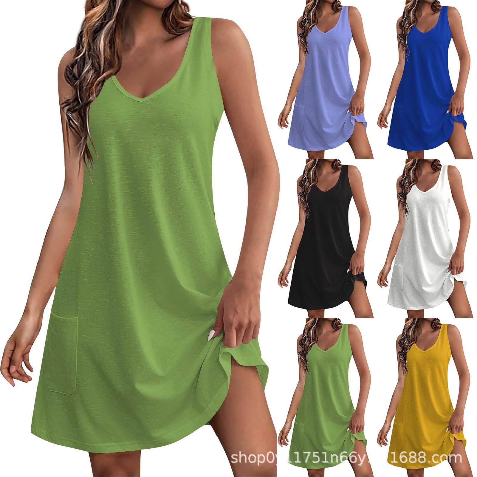 (681) Summer Women's V-neck Sleeveless Dress Solid Color Retro Beach Dress with Pockets