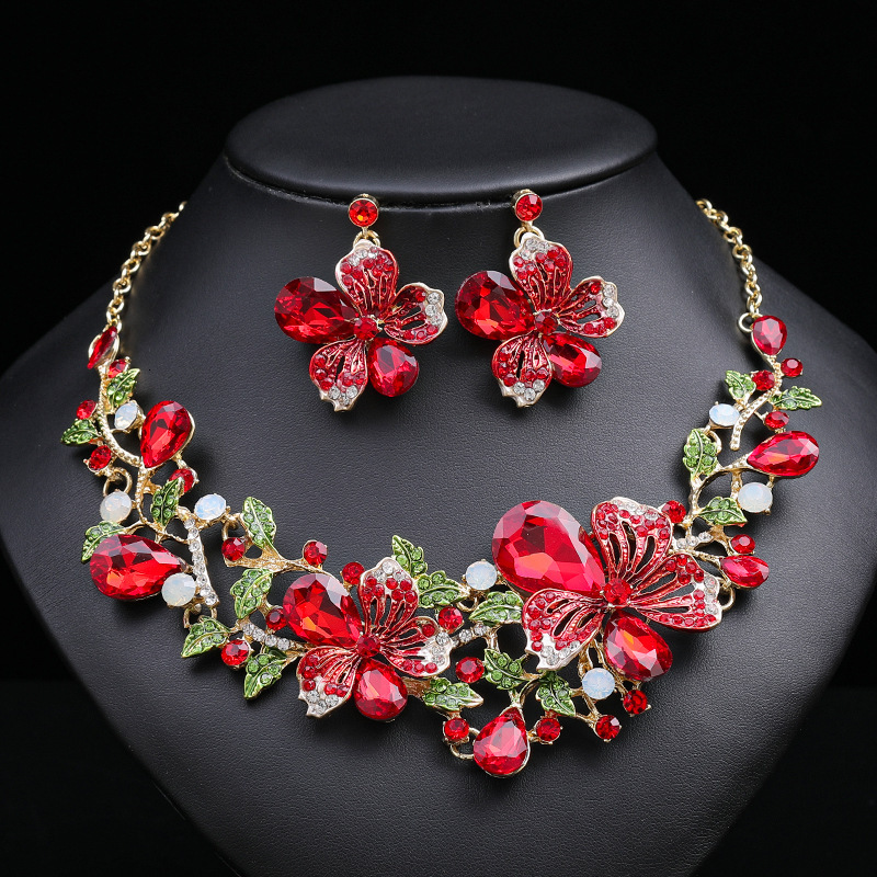 Luxury Brand Designer Jewelry European And American Foreign Trade Hot-Selling Exaggerated Luxury Necklace And Earrings Two-Piece Set Colorful Flowers 