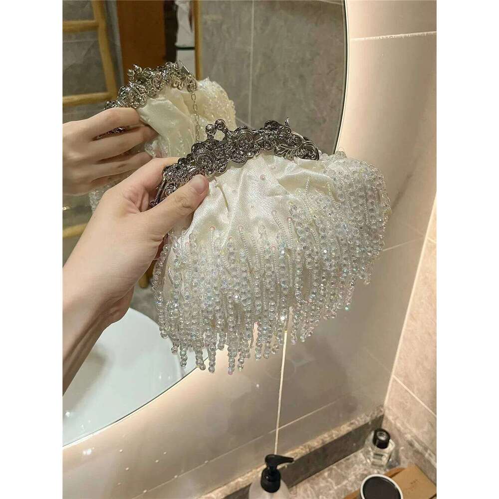 Beaded Tassel Gold Lady Pearl Chain Satin Small Bag Purses And Handbags Designer Evening Bags