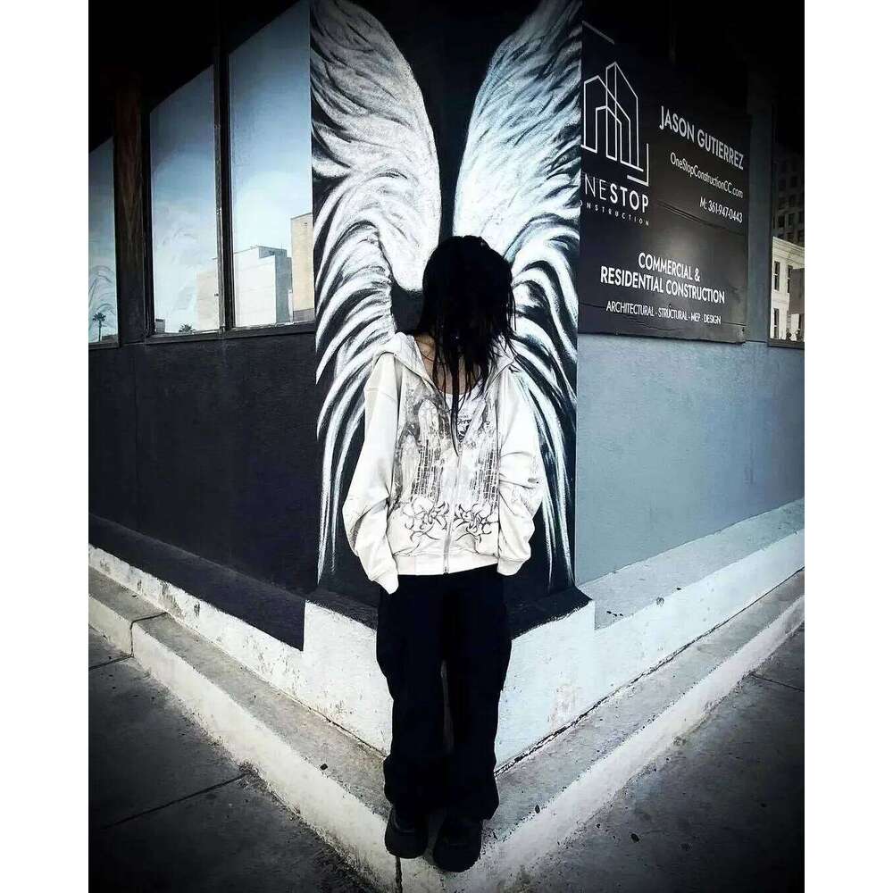 Vintage Spring Autumn Aesthetic Print Gothic Fashion Zip Up Hoodie Hip Hop Sweatshirt Casual Y2k Tops Women Man Kpop Clothes