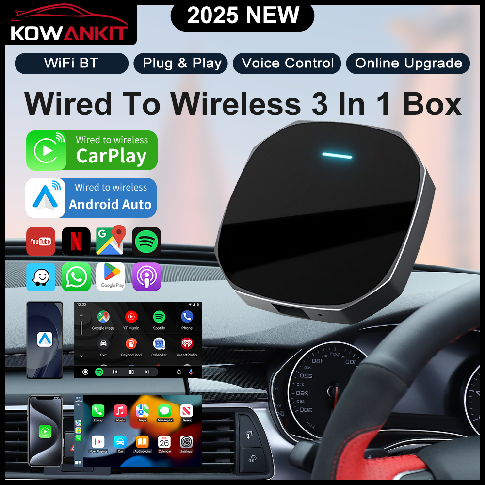 Kowankit Wireless Carplay Android Auto AI Box, Plug & Play Fits Cars, H618 Chip,3in1 2+16GB Android 12 Car Play Adapter, USB-Powered, Battery-Free, No